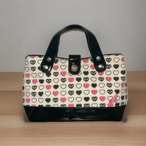 Roxy Womens Hearts And Logo Print Cotton Small Tote Purse Black Multi Colored